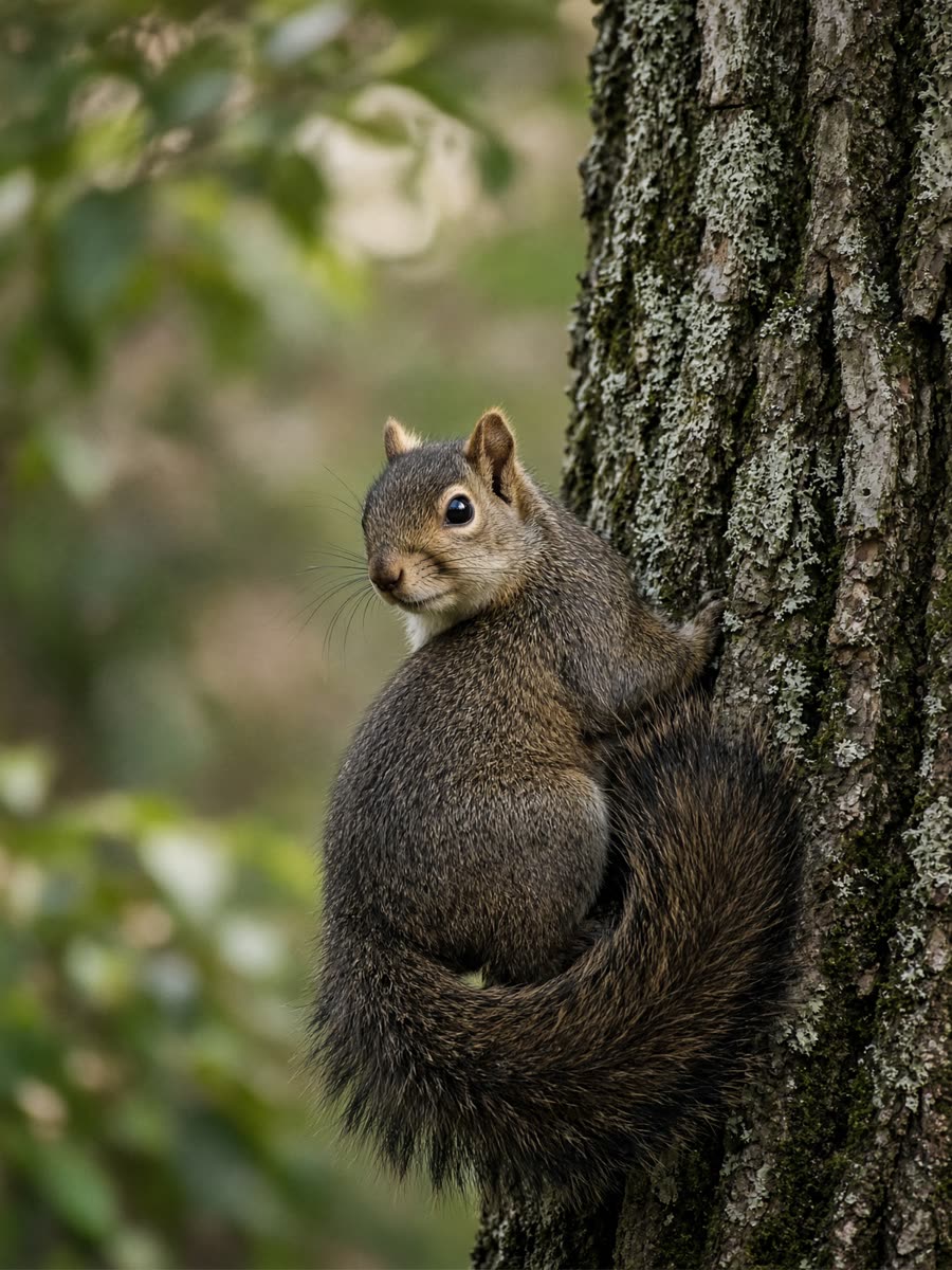 A darker backyard squirrel looking over its shoulder from a tree